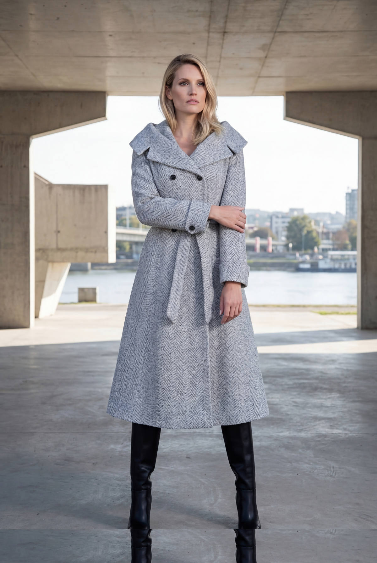 Gray Herringbone Wool Wrap Coat, Nicole