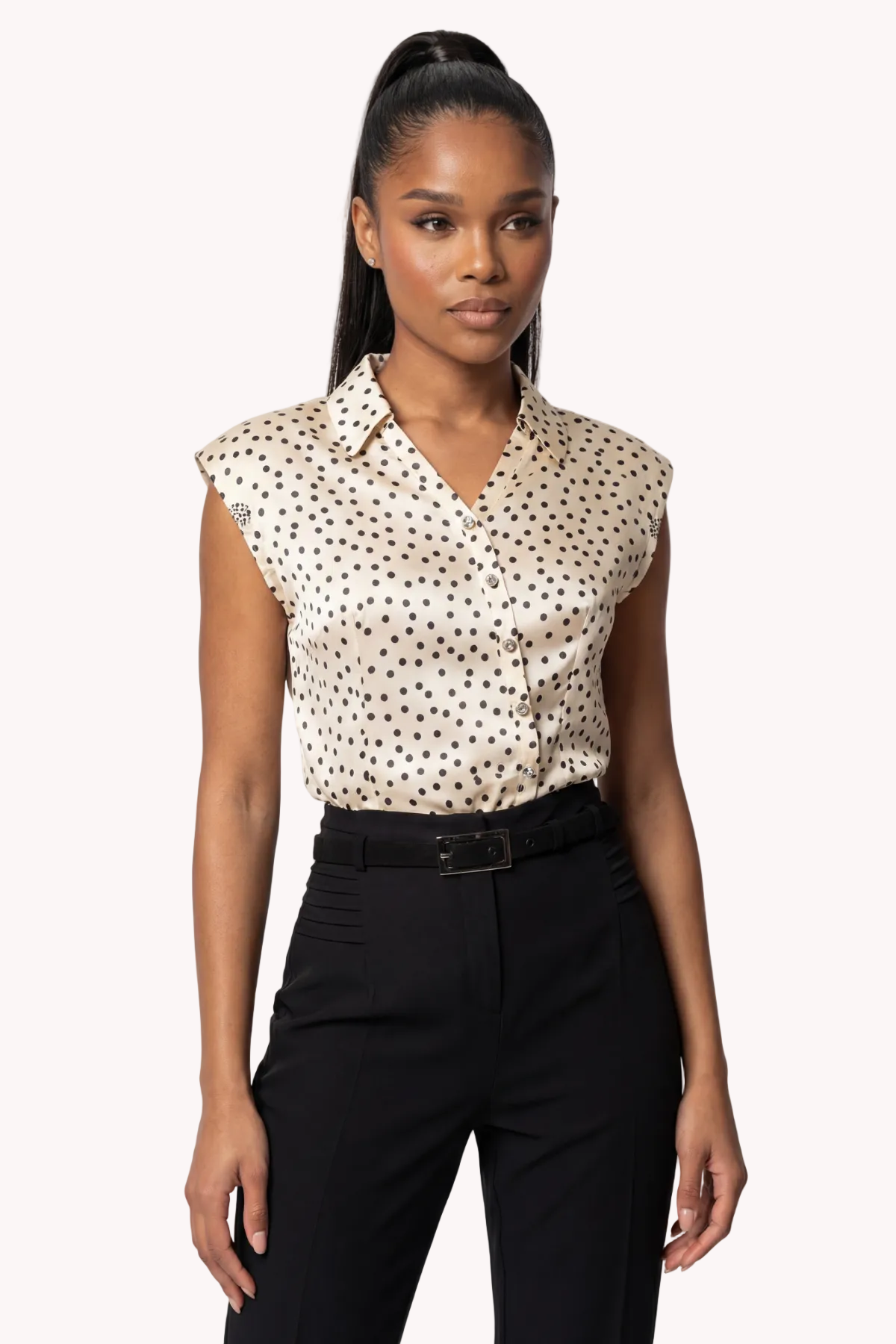 Beige Polka Dot Satin Blouse, Talia