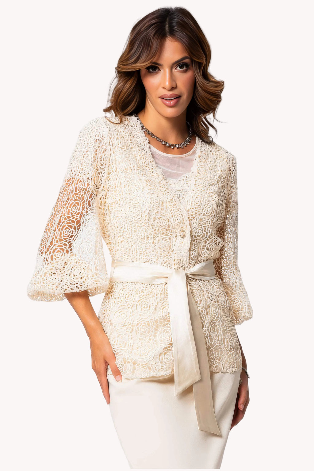Ivory Lace Belted Sweater, Jody