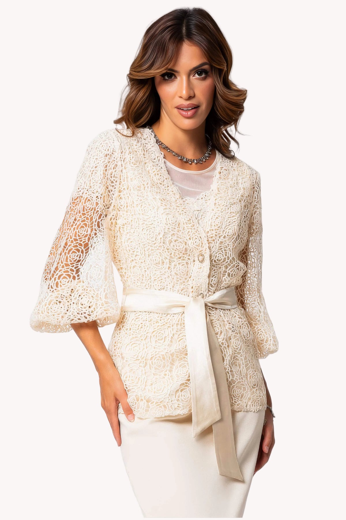 Ivory Lace Belted Sweater, Jody