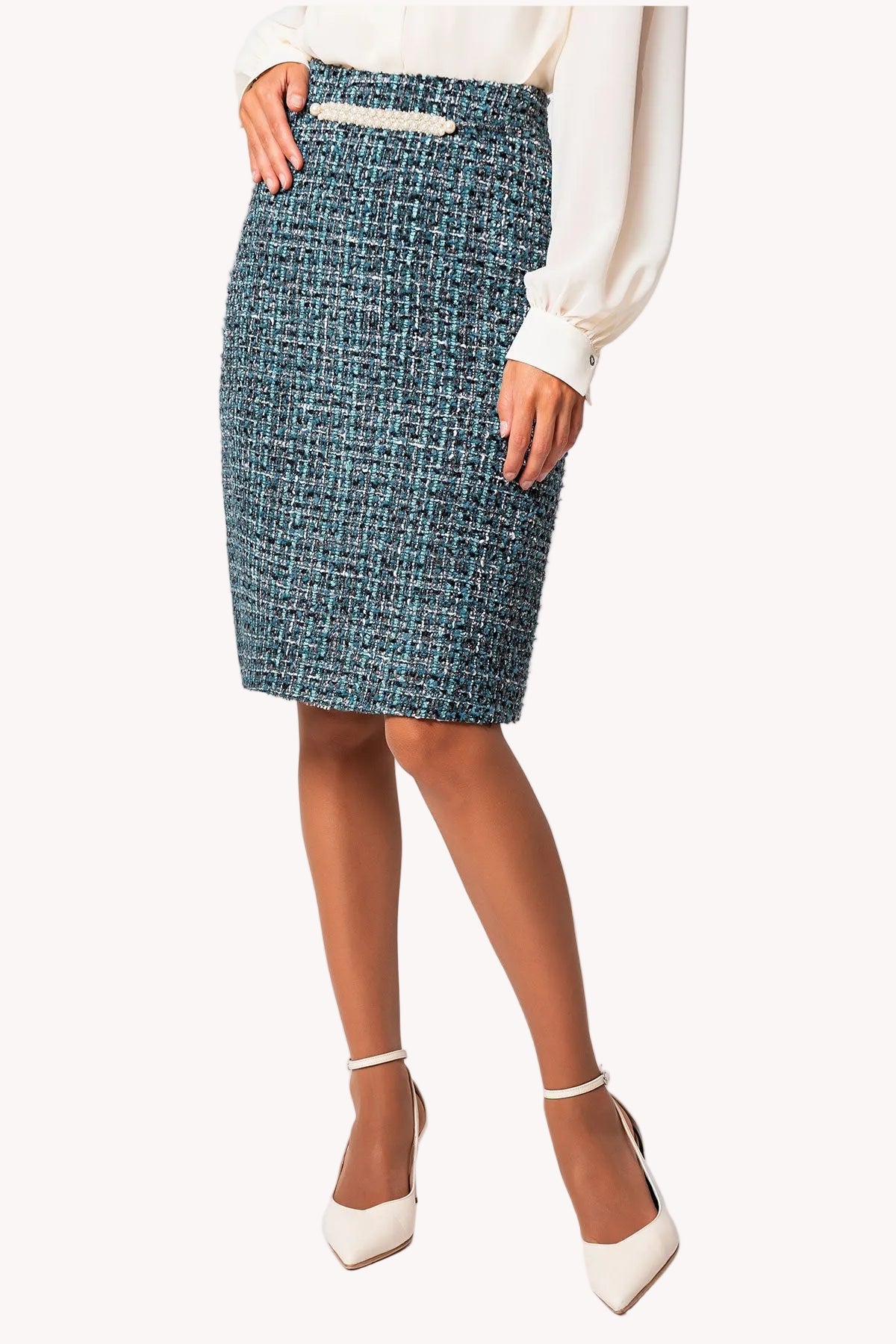 Teal A-Line Tweed Skirt with Pearl Detail, Donna