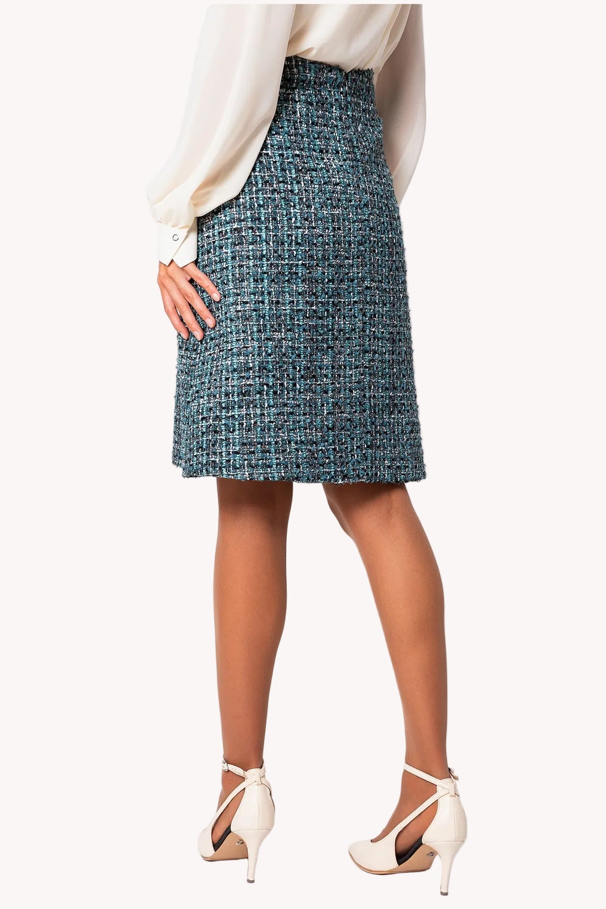 Teal A-Line Tweed Skirt with Pearl Detail, Donna