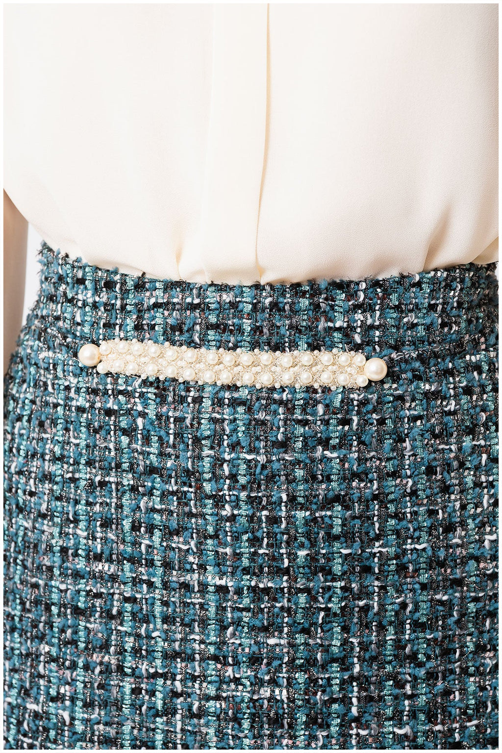 Teal A-Line Tweed Skirt with Pearl Detail, Donna