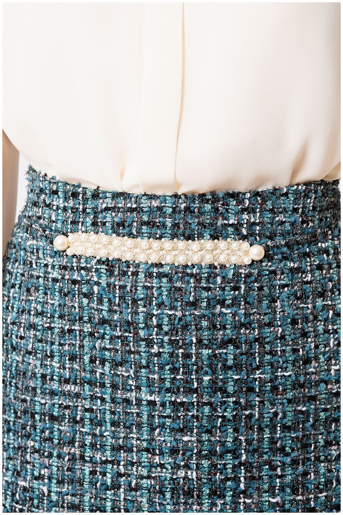 Teal A-Line Tweed Skirt with Pearl Detail, Donna