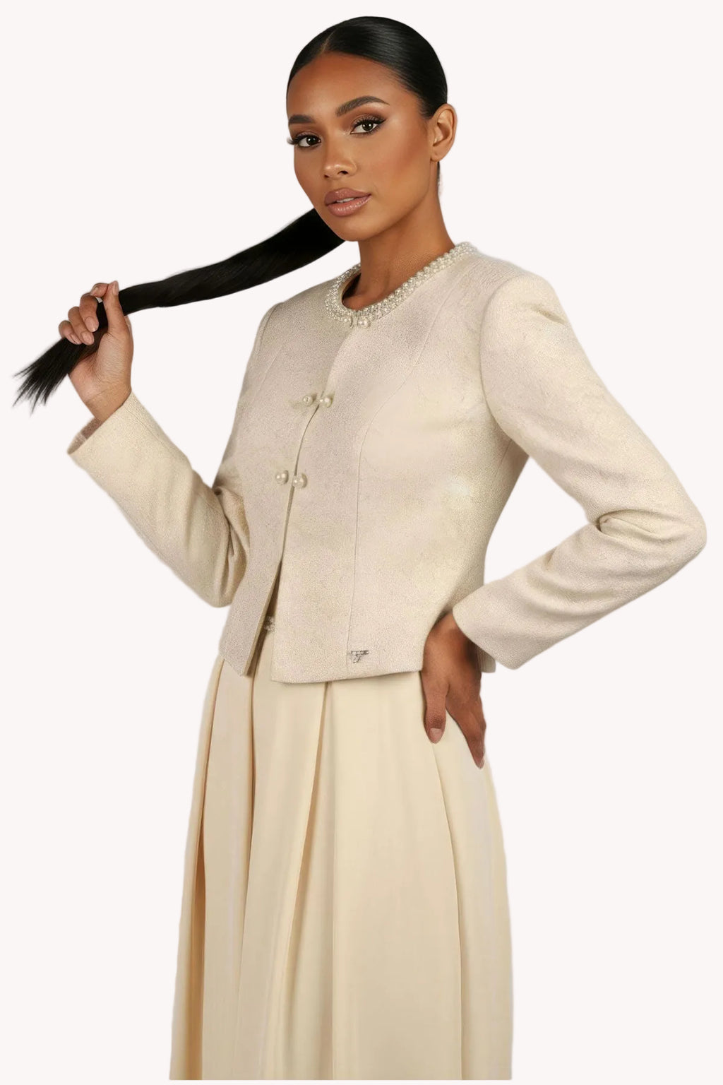 Ivory Jacquard Blazer with Pearl Details, Rhea