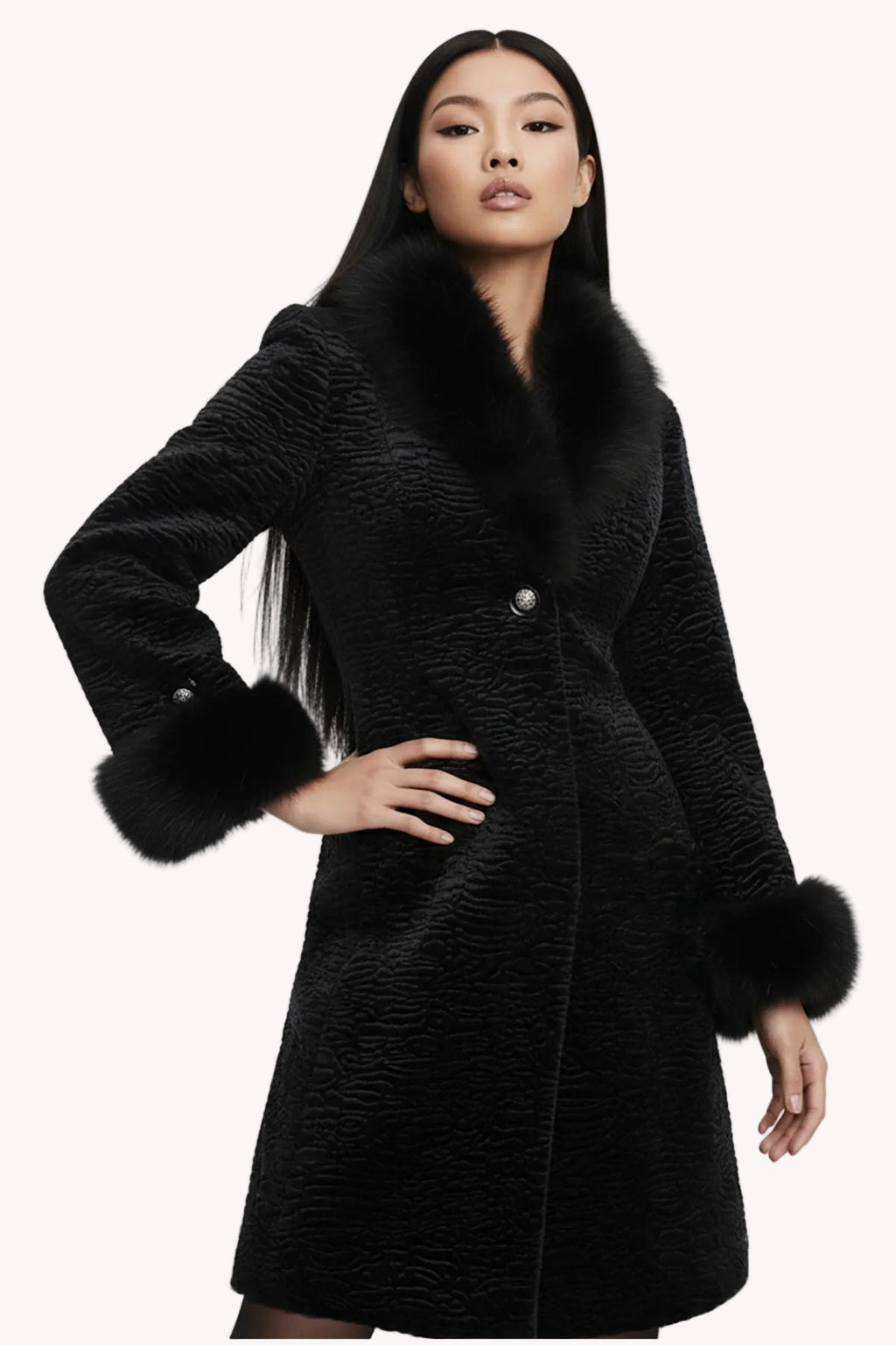 Black Textured Coat with Faux Fur Collar and Cuffs, Paula
