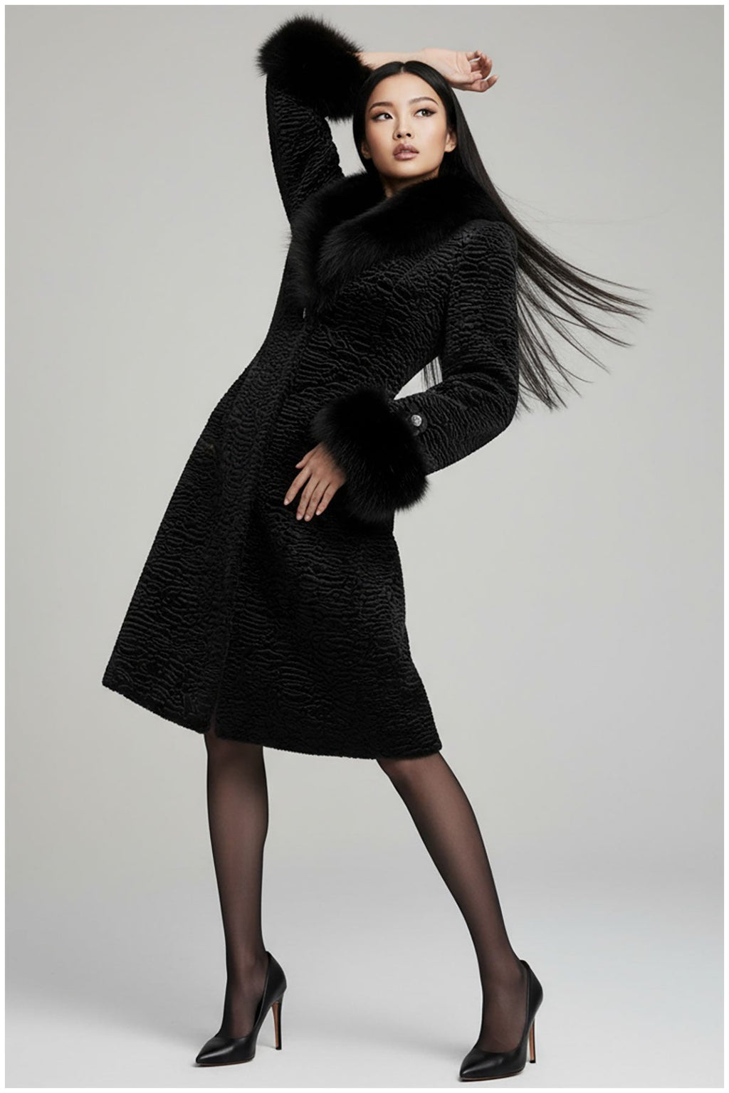 Black Textured Coat with Faux Fur Collar and Cuffs, Paula
