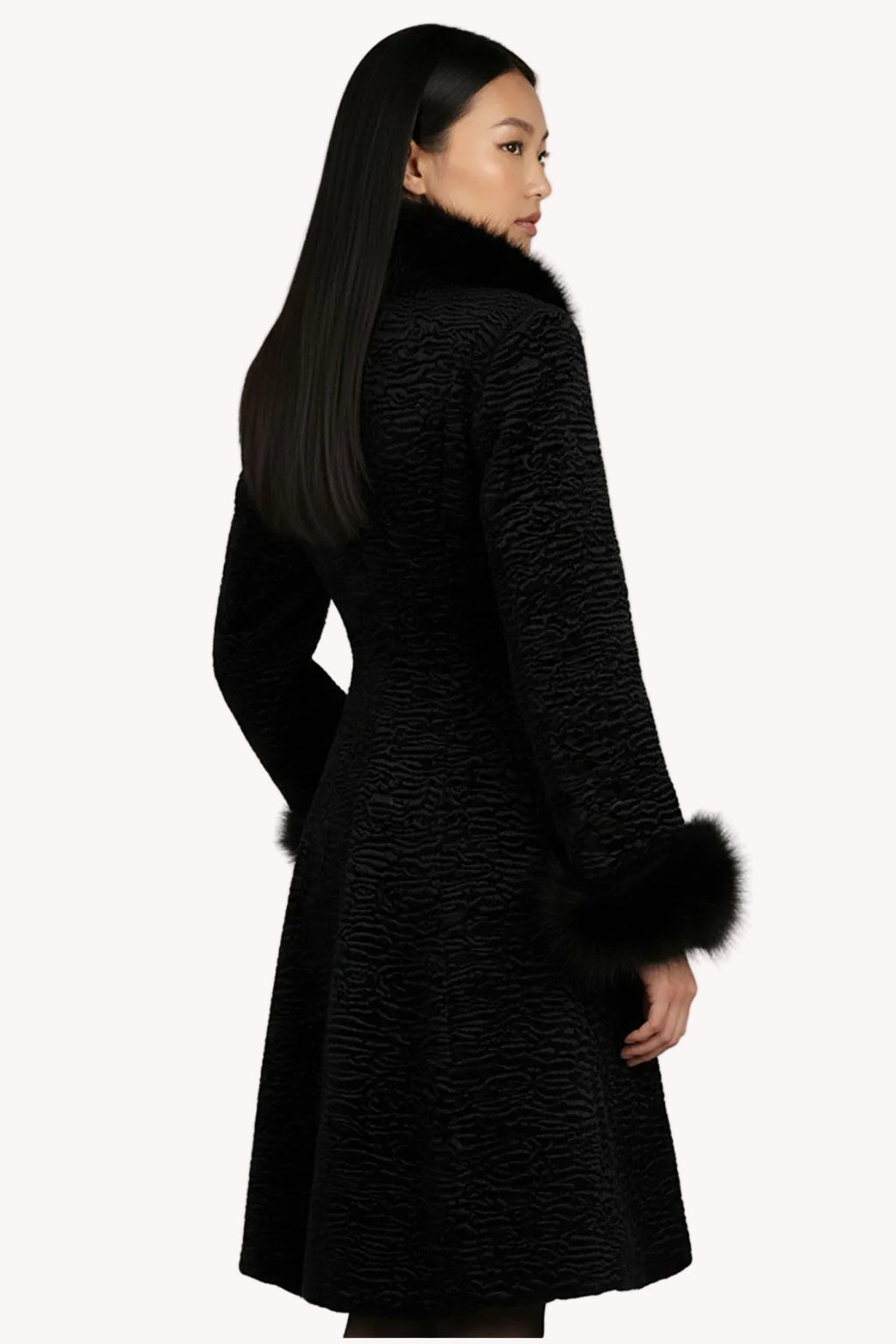 Black Textured Coat with Faux Fur Collar and Cuffs, Paula