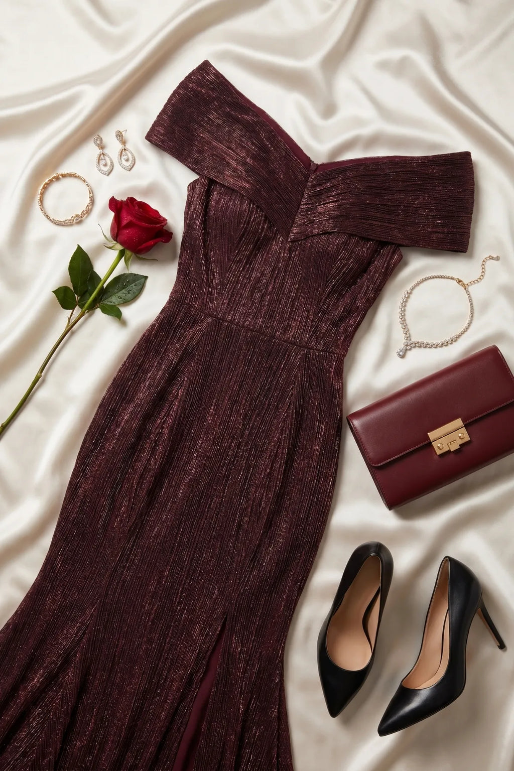 Burgundy Off-Shoulder Metallic Gown, Alis