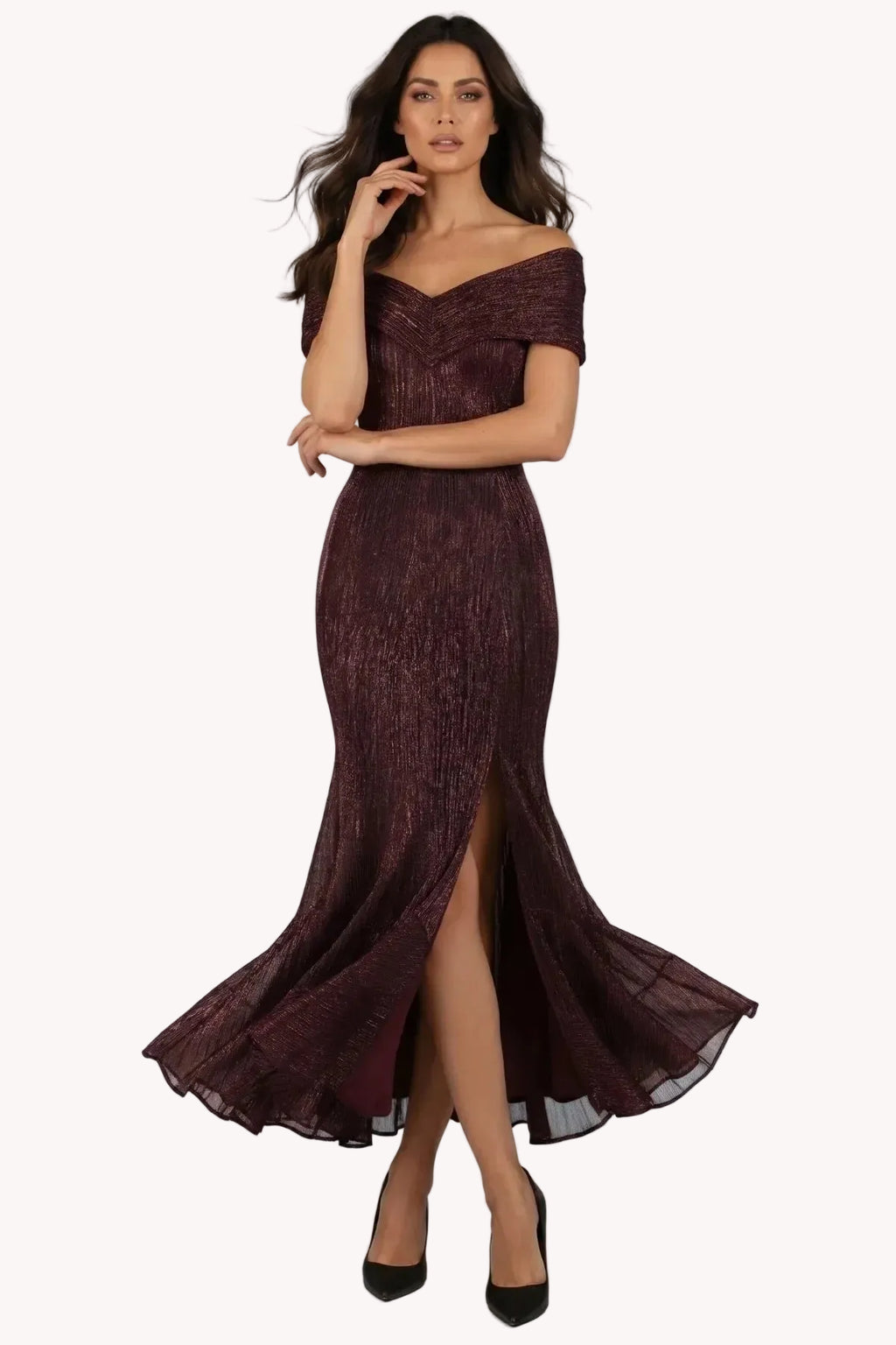 Burgundy Off-Shoulder Metallic Gown, Alis