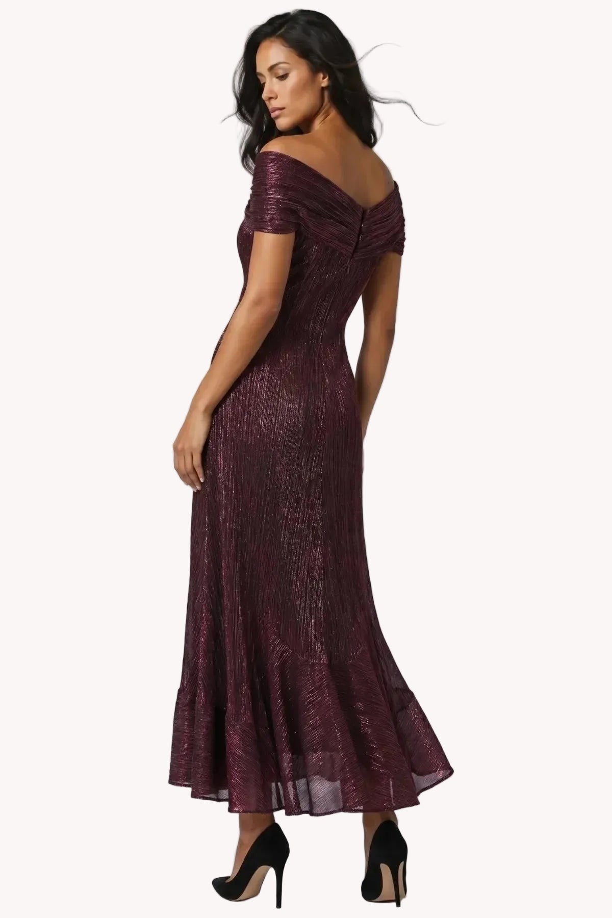 Burgundy Off-Shoulder Metallic Gown, Alis