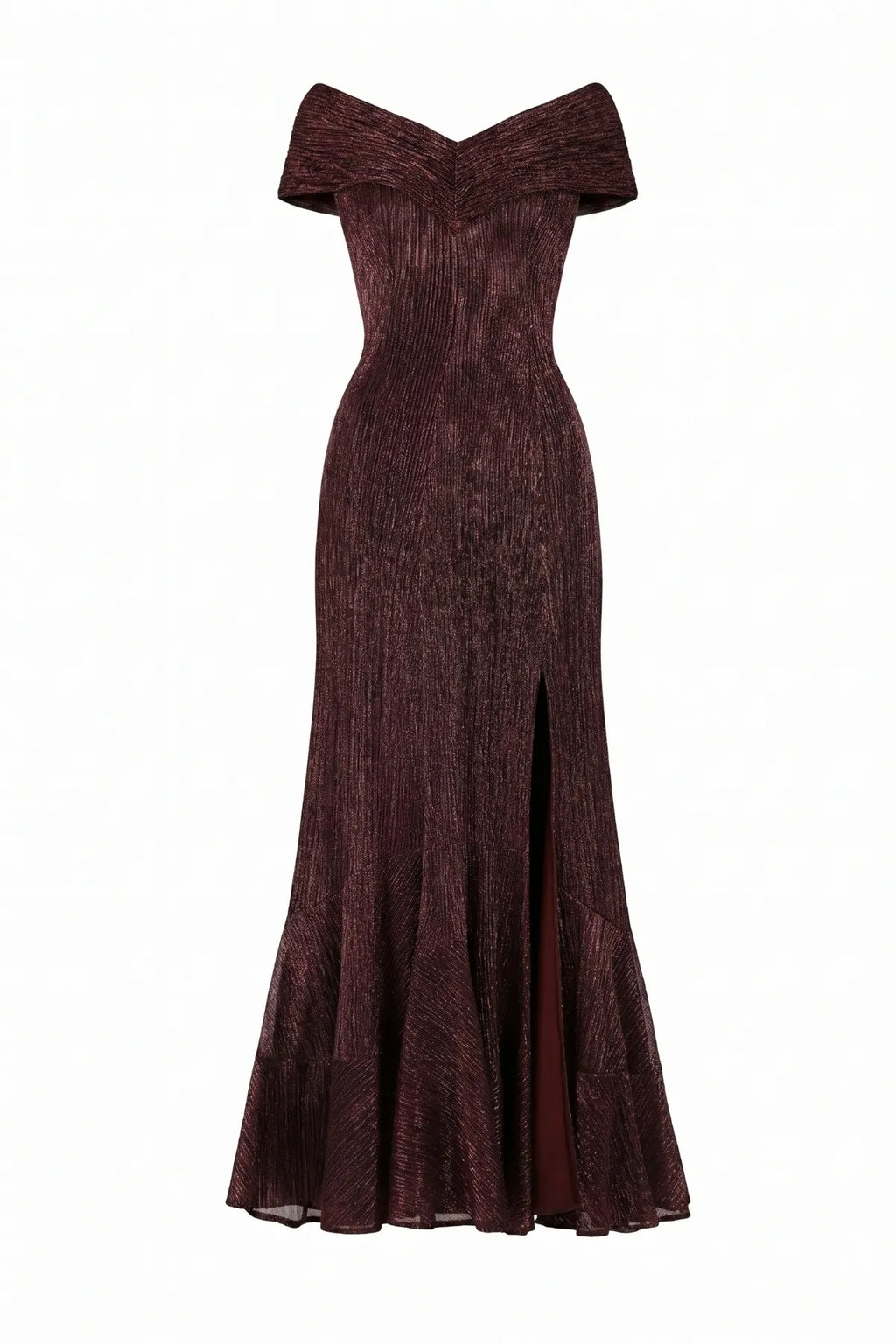 Burgundy Off-Shoulder Metallic Gown, Alis