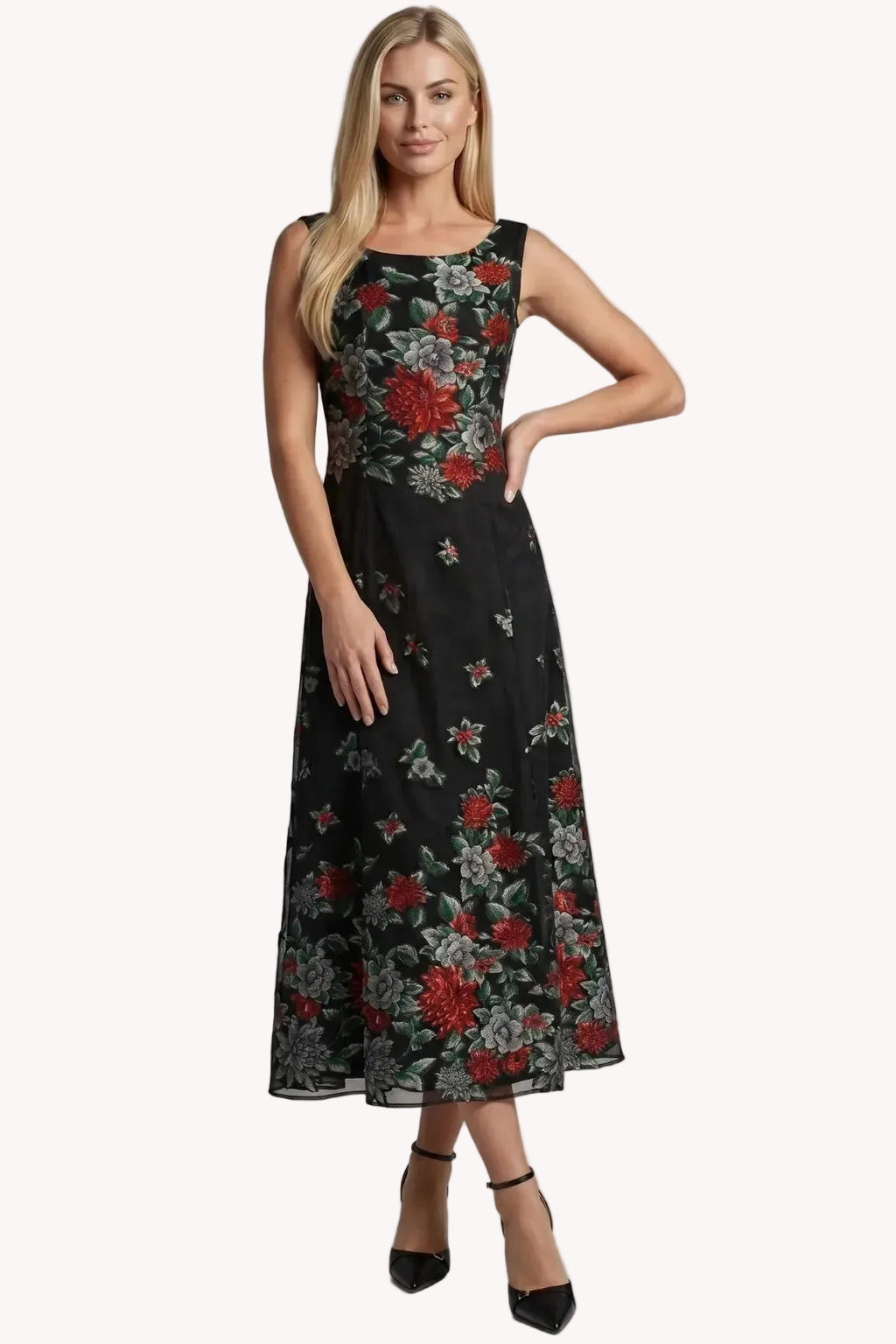 Black Red Floral Maxi Dress, Rina