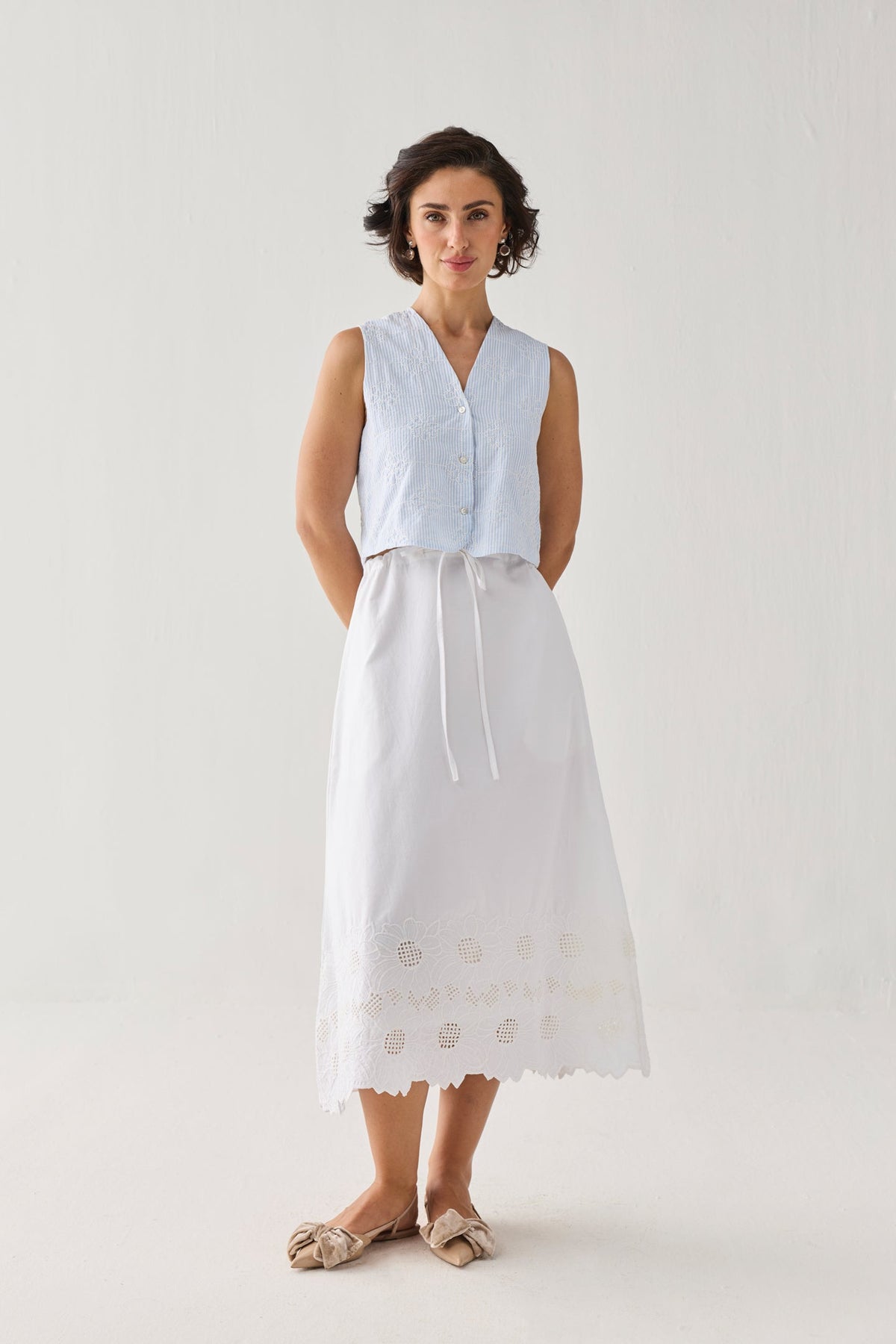 Embroidered Sleeveless Vest Top in Blue Stripe