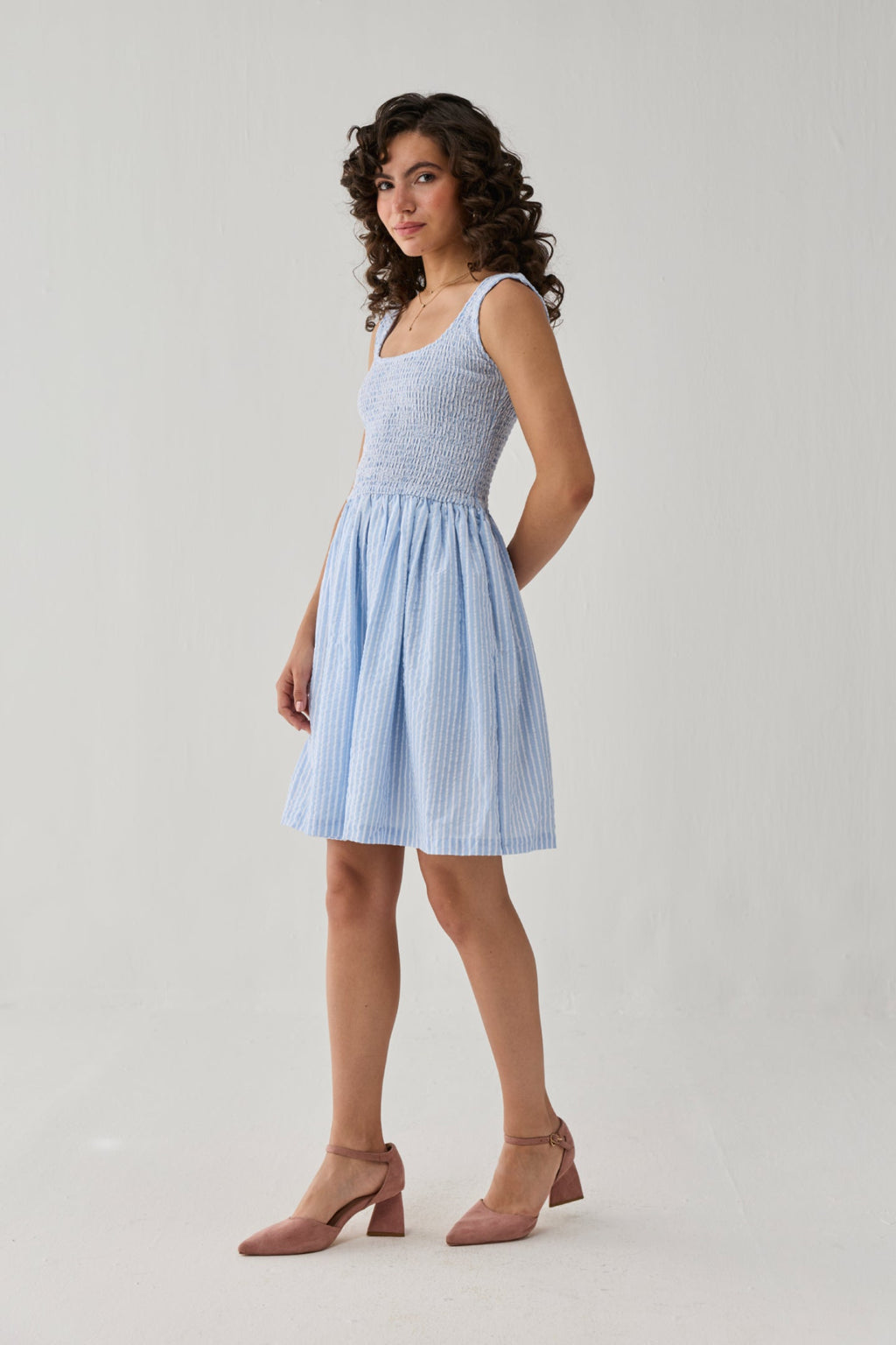 Smocked Short Dress in Blue Stripes