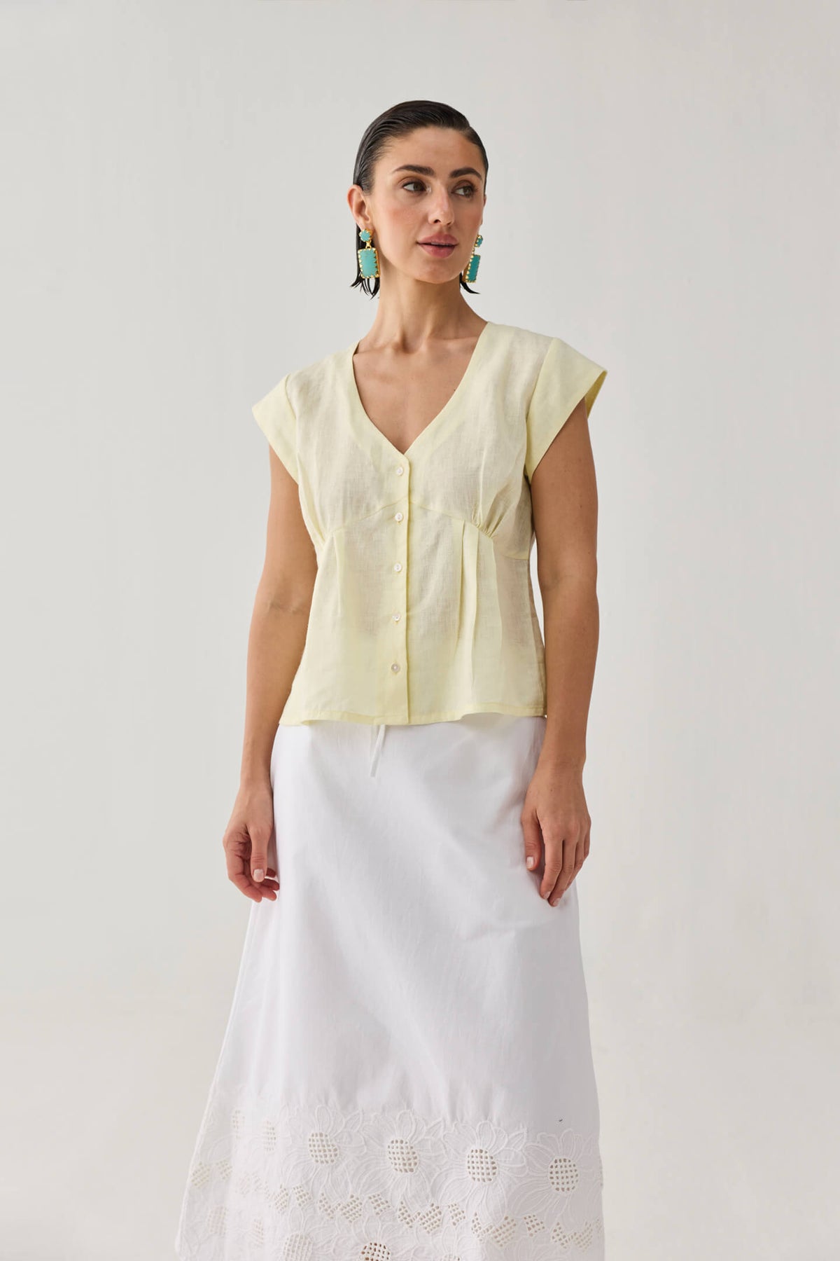 The Deep V Neck Top in Butter Lemon
