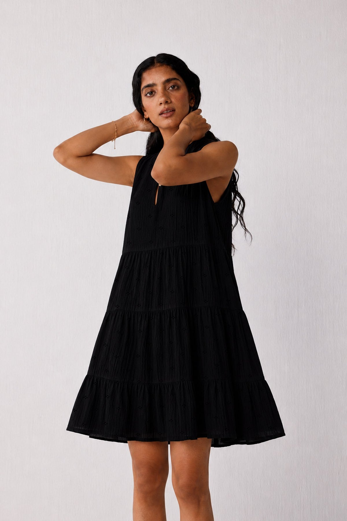 Embroidered Everyday Sleeveless Short Tiered Dress in Black