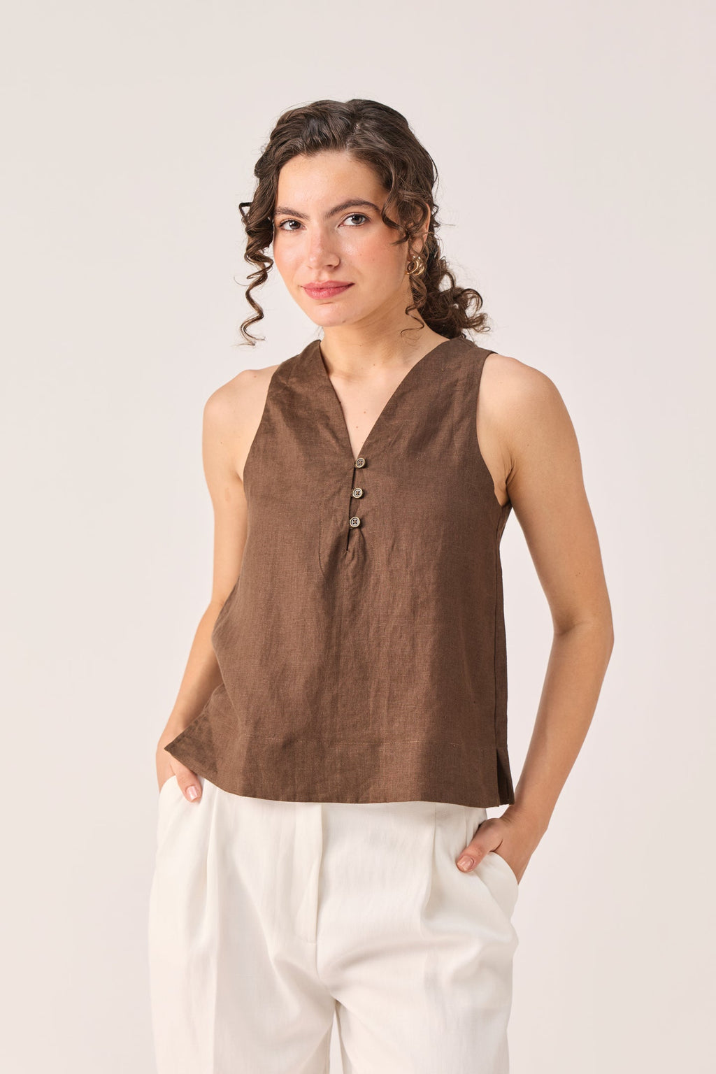 The Button Neck Top in Brown