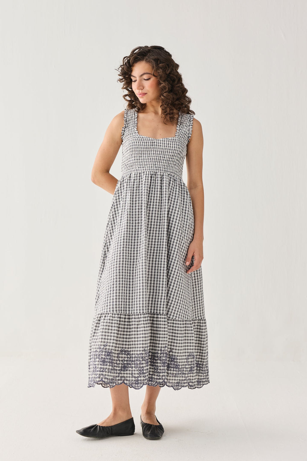 The Smocked Maxi Dress in Grey Check