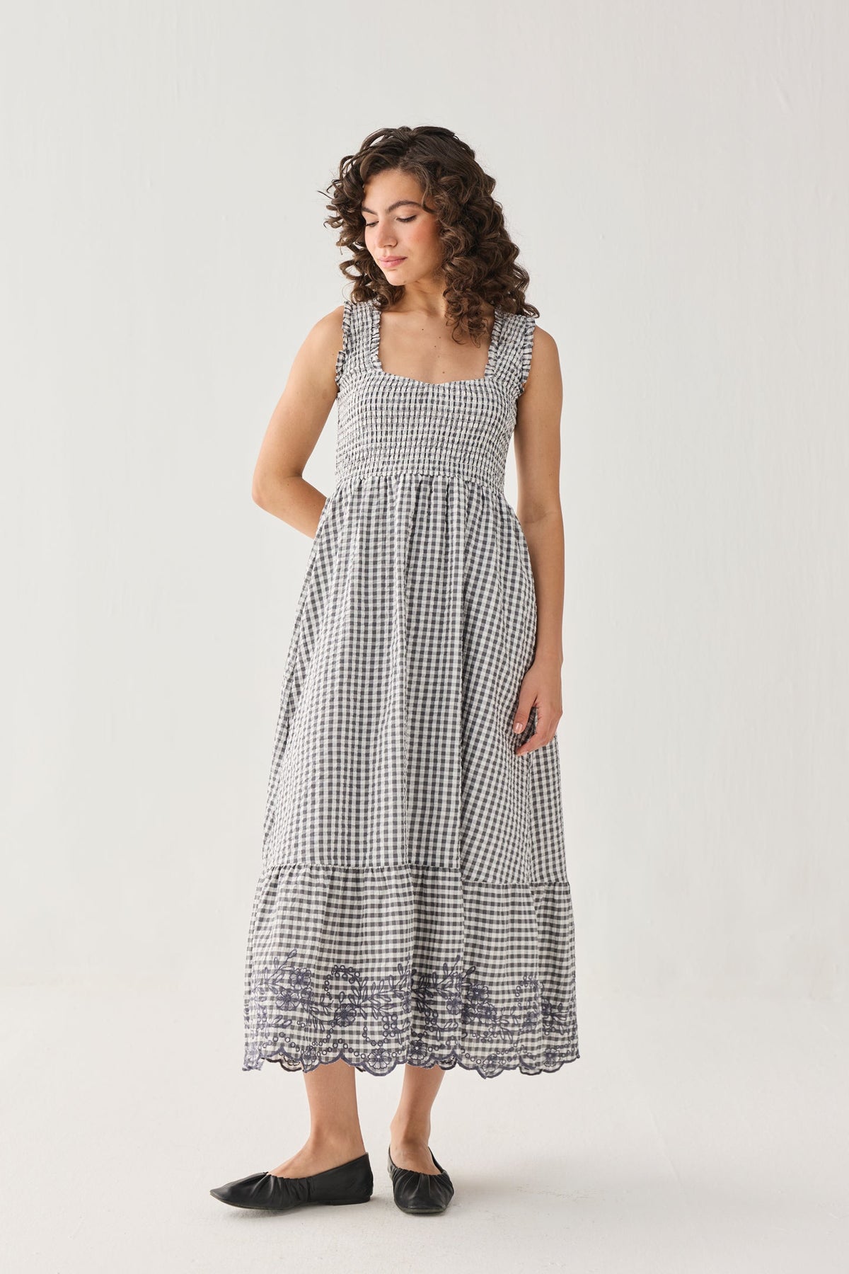 The Smocked Maxi Dress in Grey Check