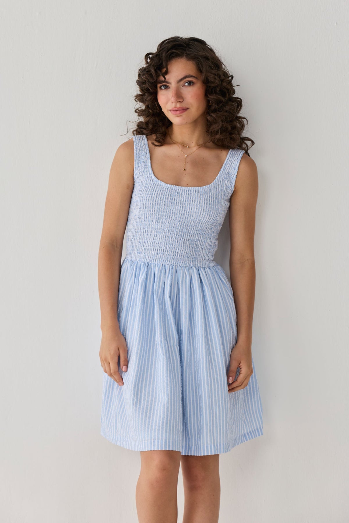 Smocked Short Dress in Blue Stripes