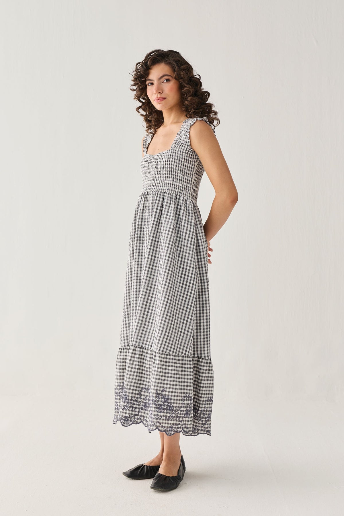 The Smocked Maxi Dress in Grey Check