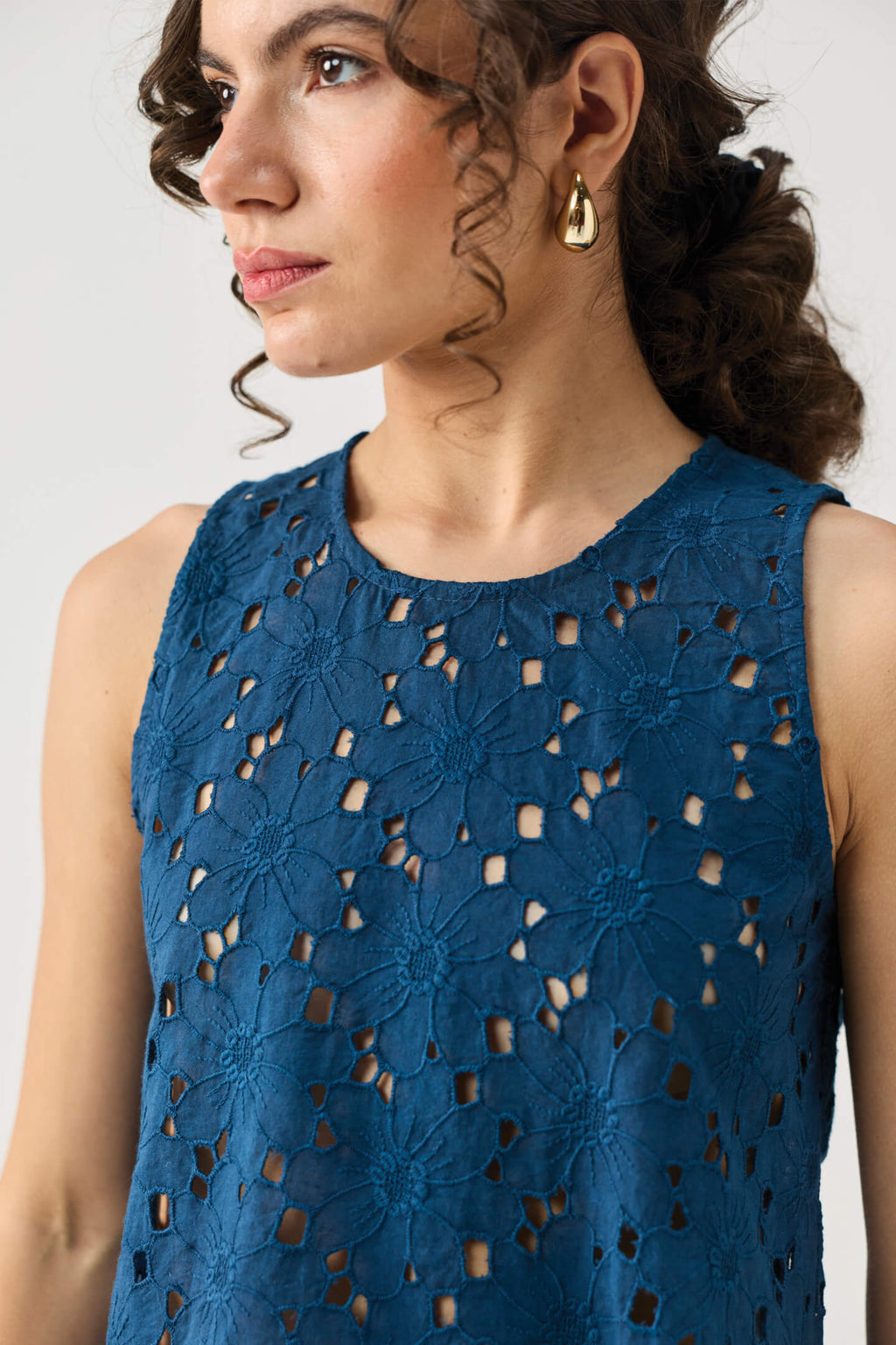 The Embroidered Button Back Top in Blue