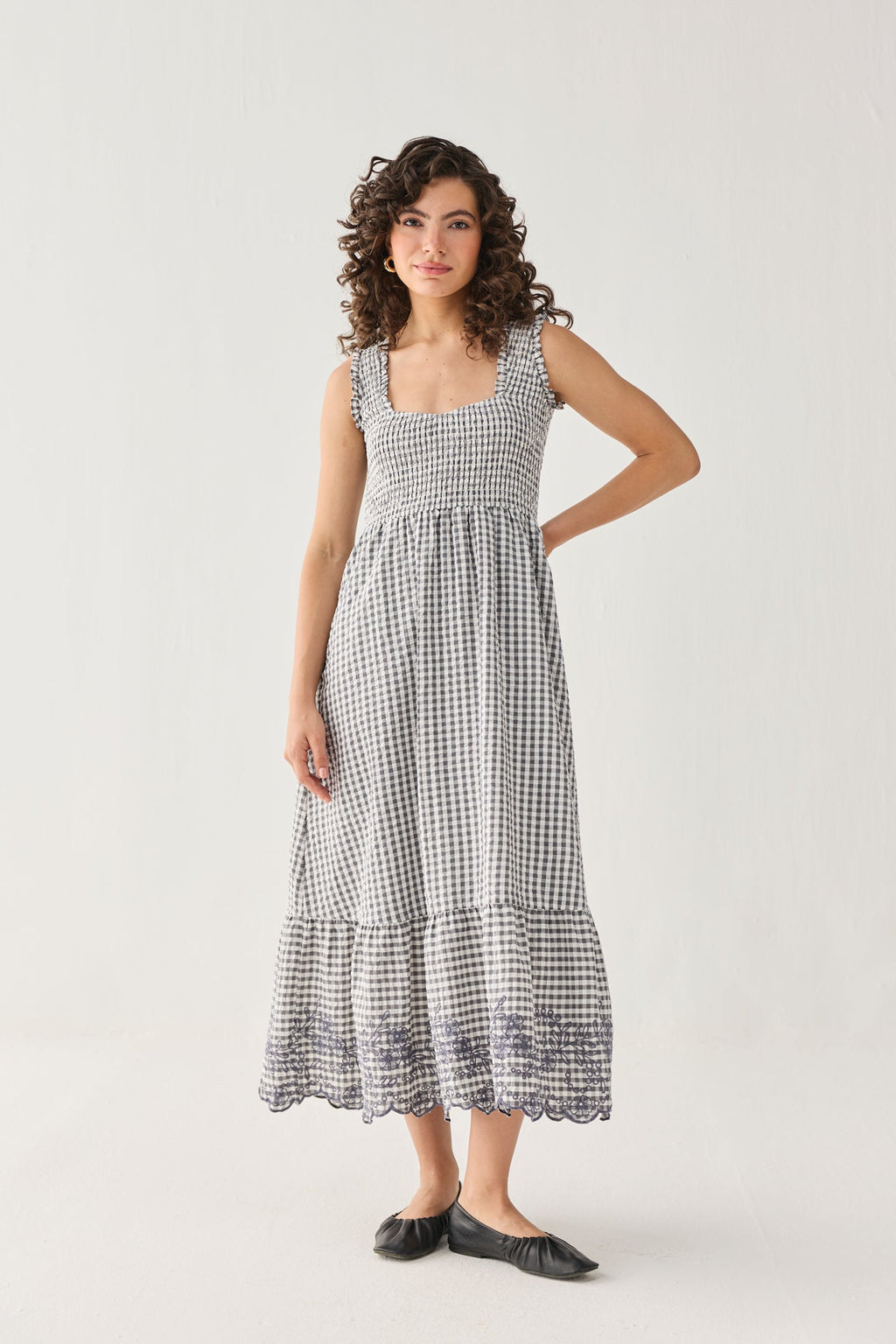 The Smocked Maxi Dress in Grey Check