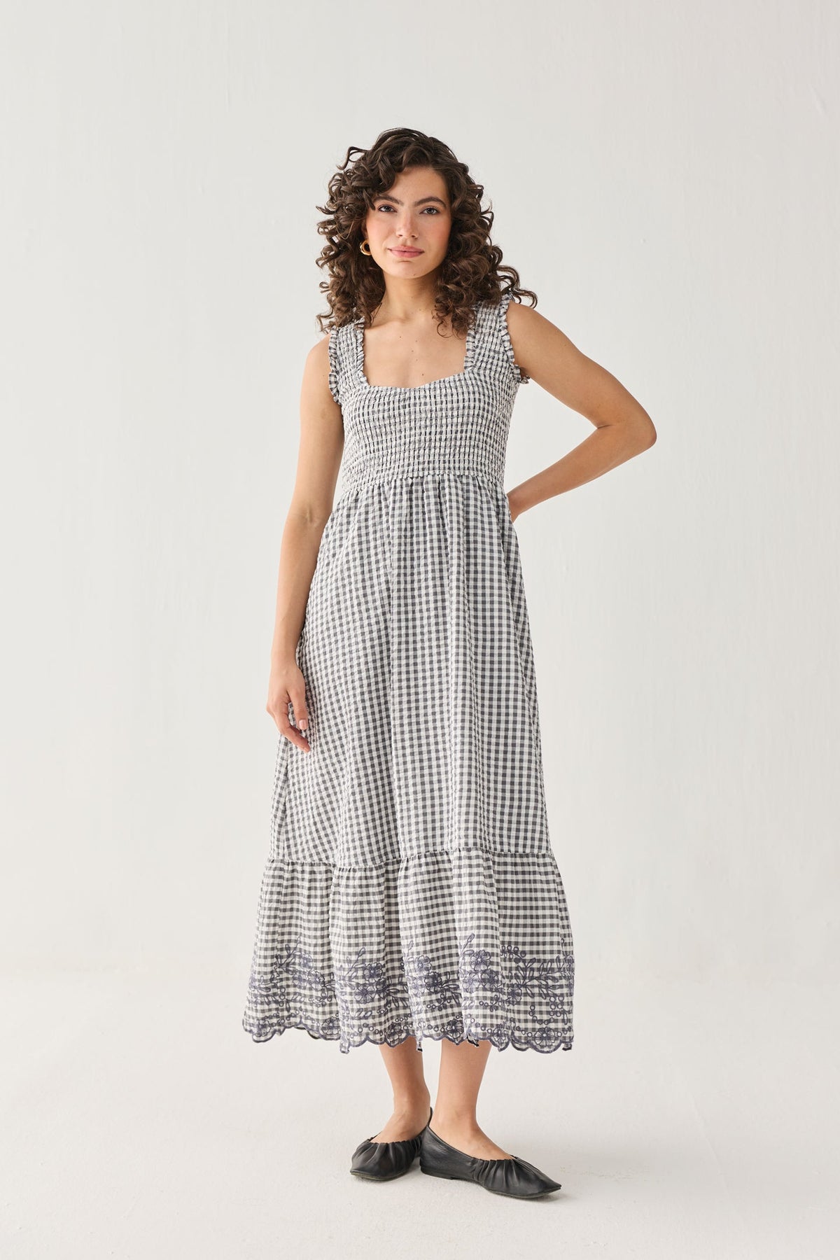 The Smocked Maxi Dress in Grey Check
