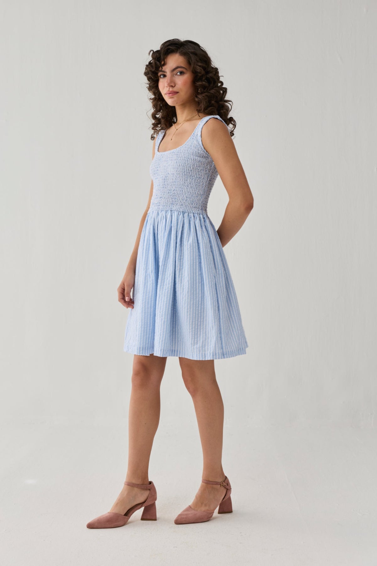 Smocked Short Dress in Blue Stripes