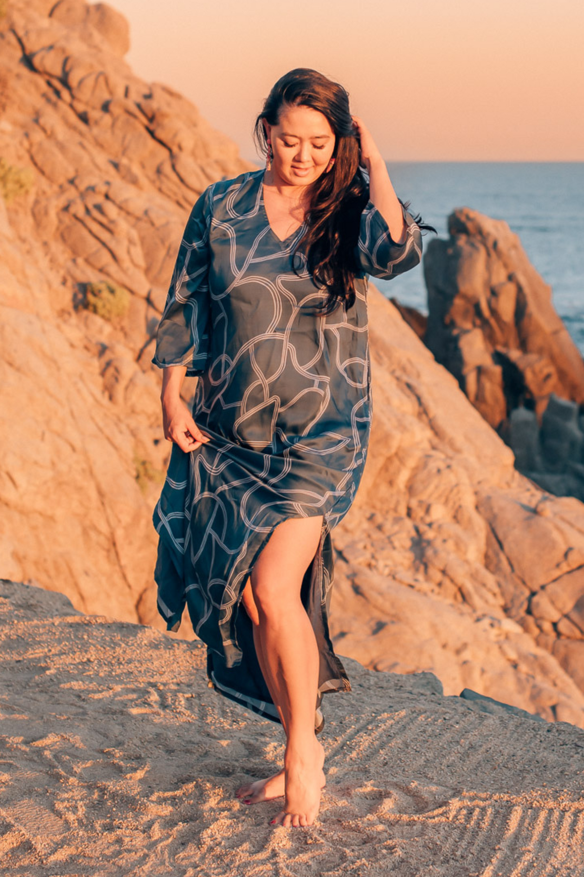 Maxi Dress with Side Slits in Abstract Stripes