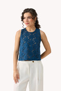 The Embroidered Button Back Top in Blue