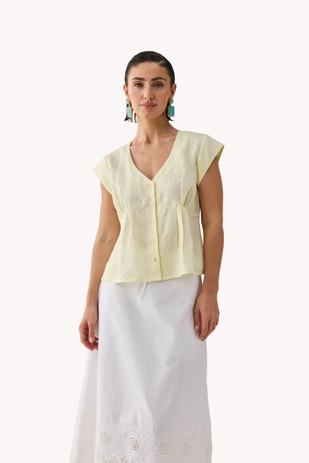 The Deep V Neck Top in Butter Lemon