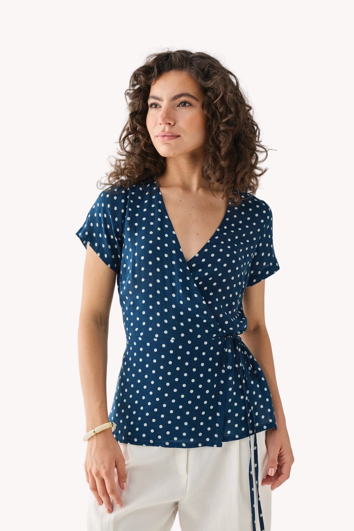 Wrap-Around Top in Navy Blue Polka
