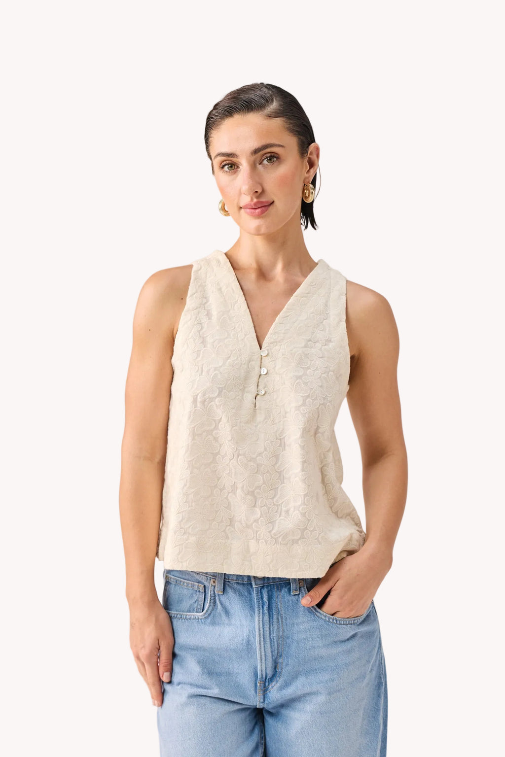 Embroidered Button Front Neck Top in Cream