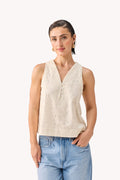 Embroidered Button Front Neck Top in Cream