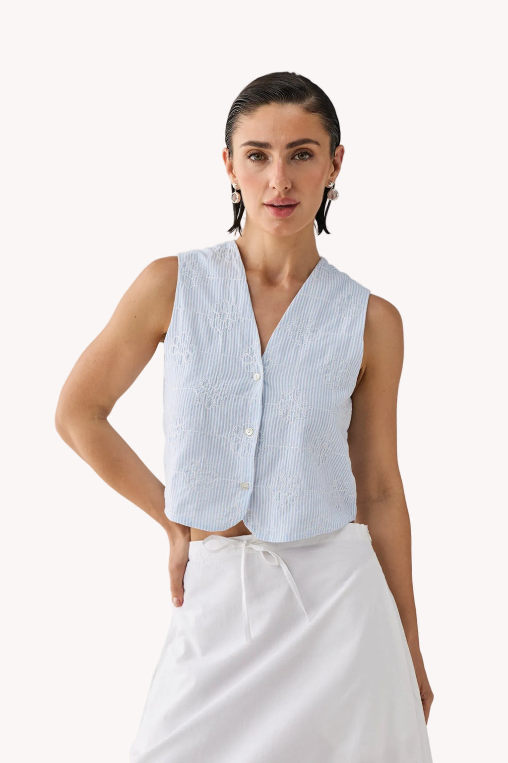 Embroidered Sleeveless Vest Top in Blue Stripe