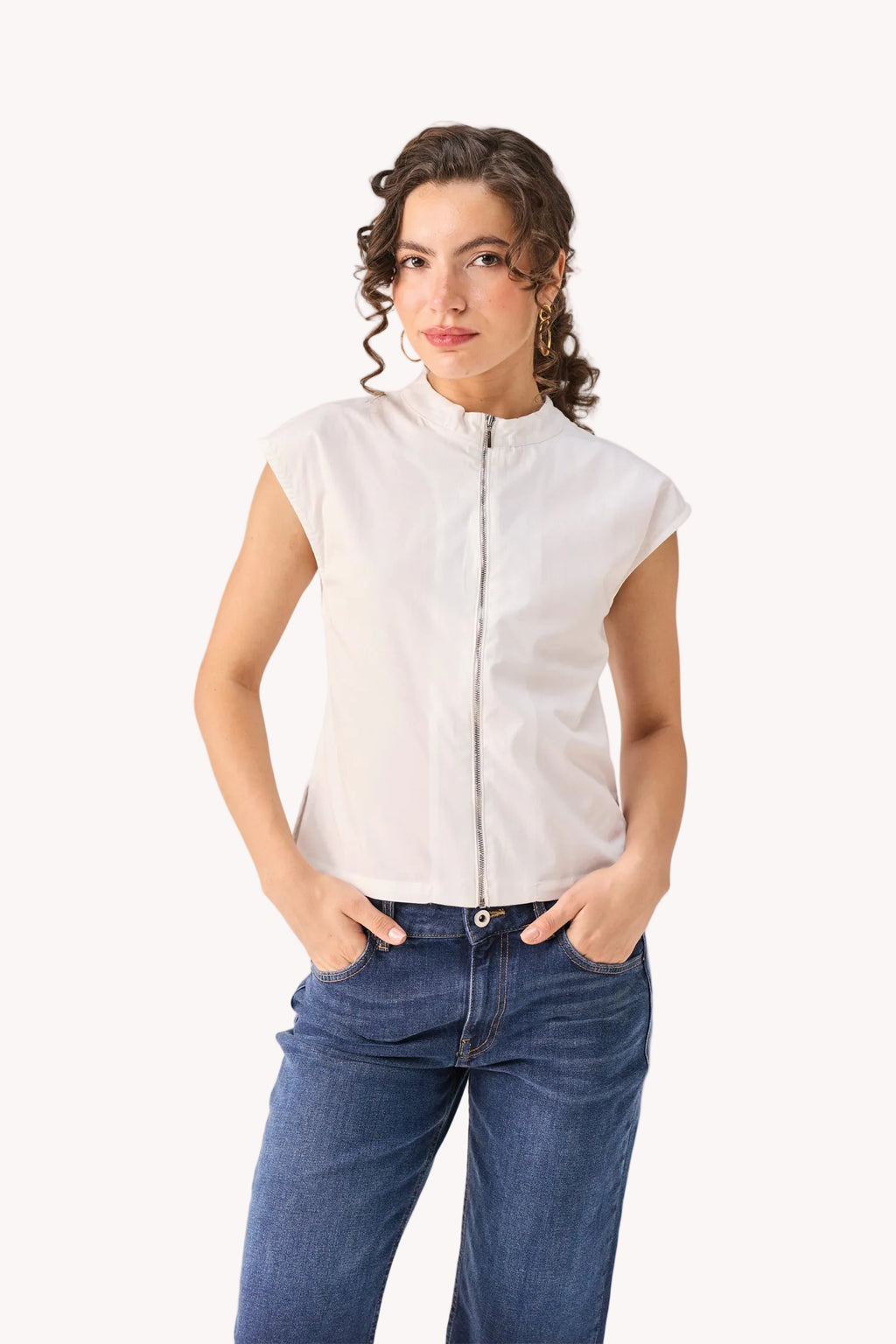 Front Zip Top in White