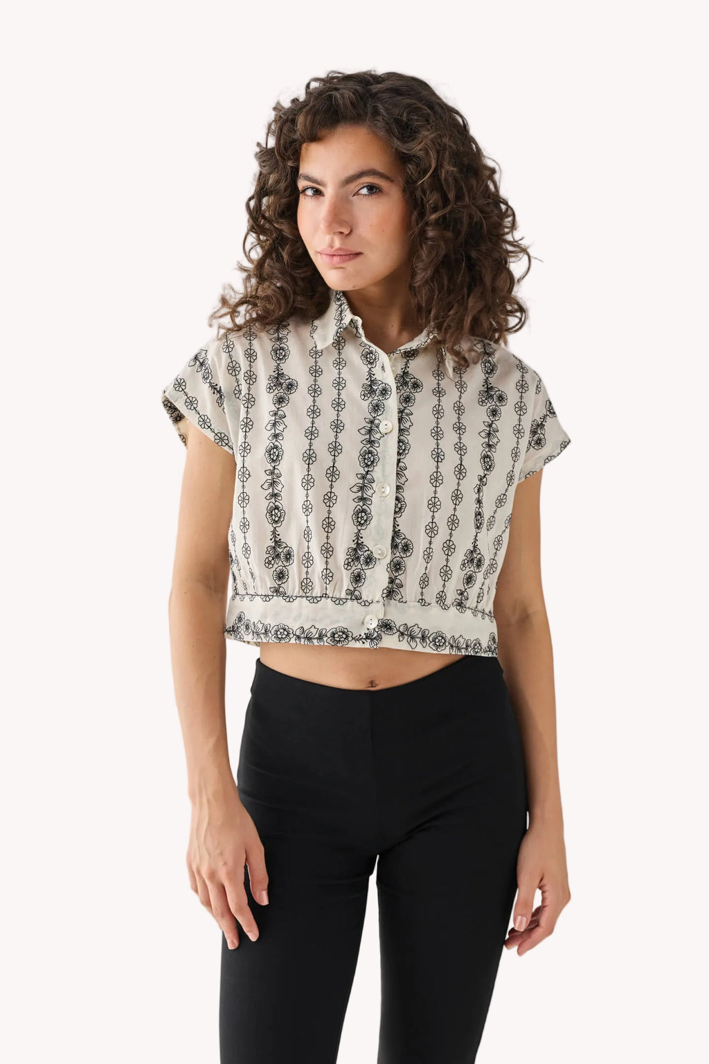 Oversized Crop Shirt with Floral Embroidery