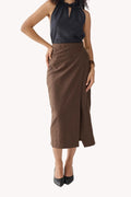 Fitted Overlap Midi Skirt in Brown