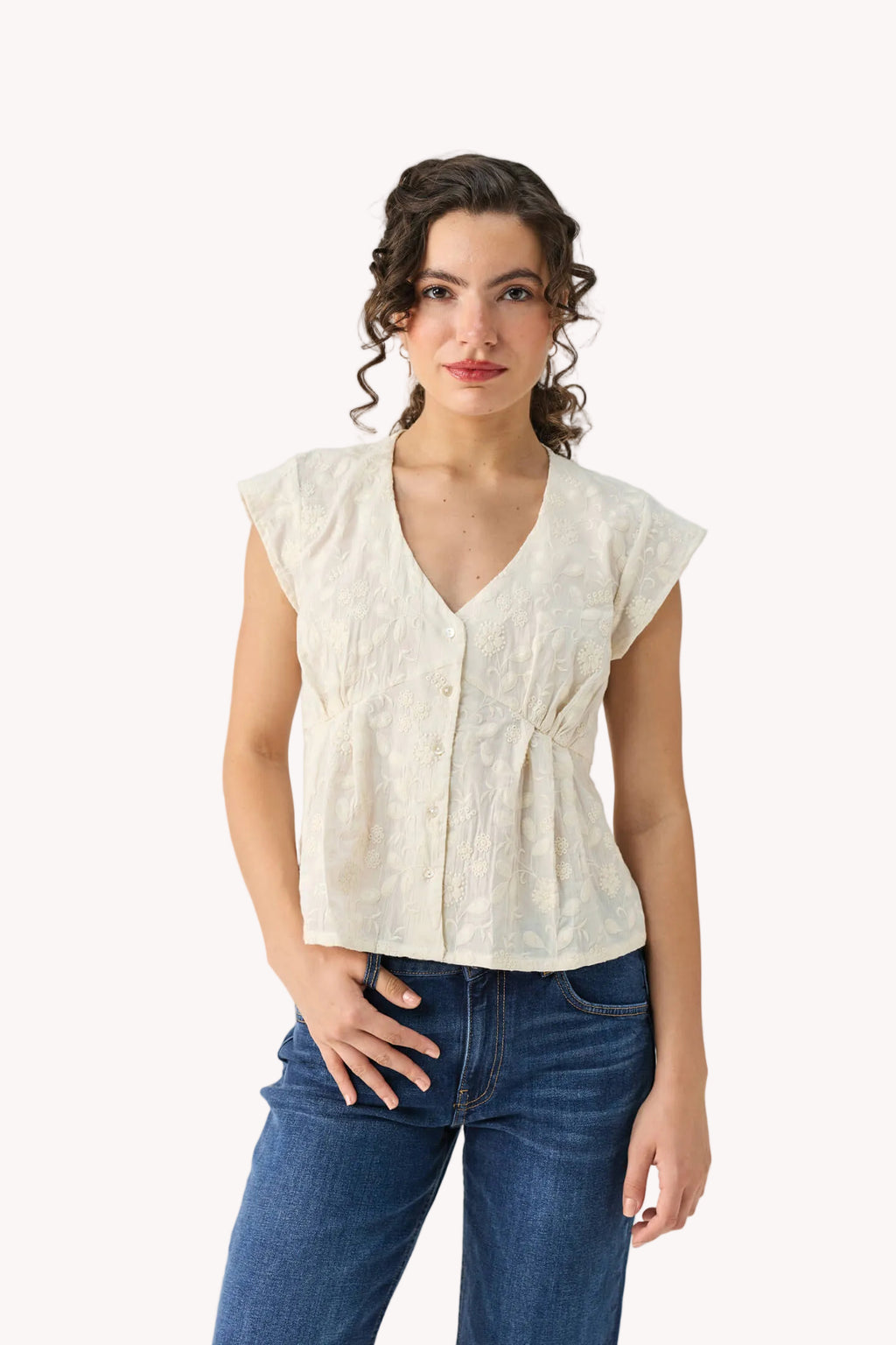 Embroidered Deep V Neck Top in Cream