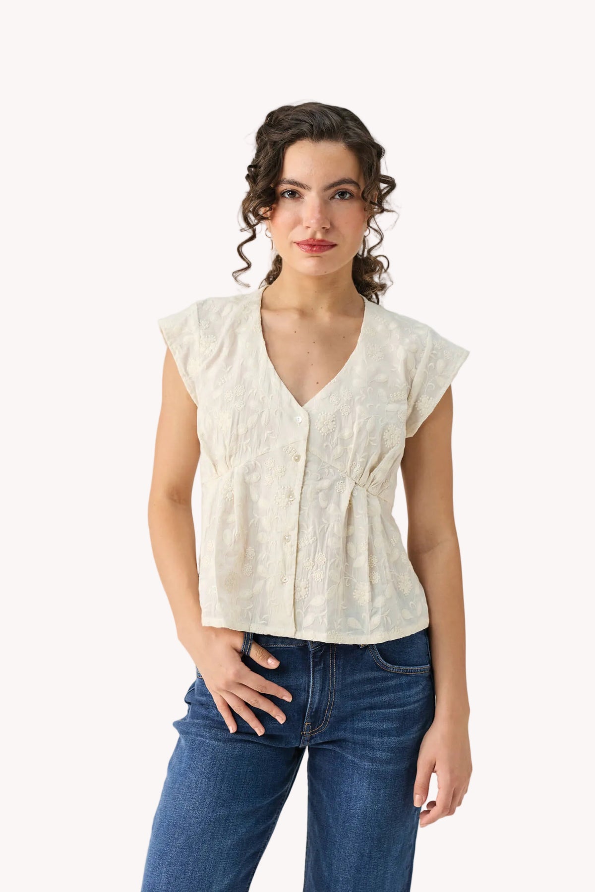 Embroidered Deep V Neck Top in Cream