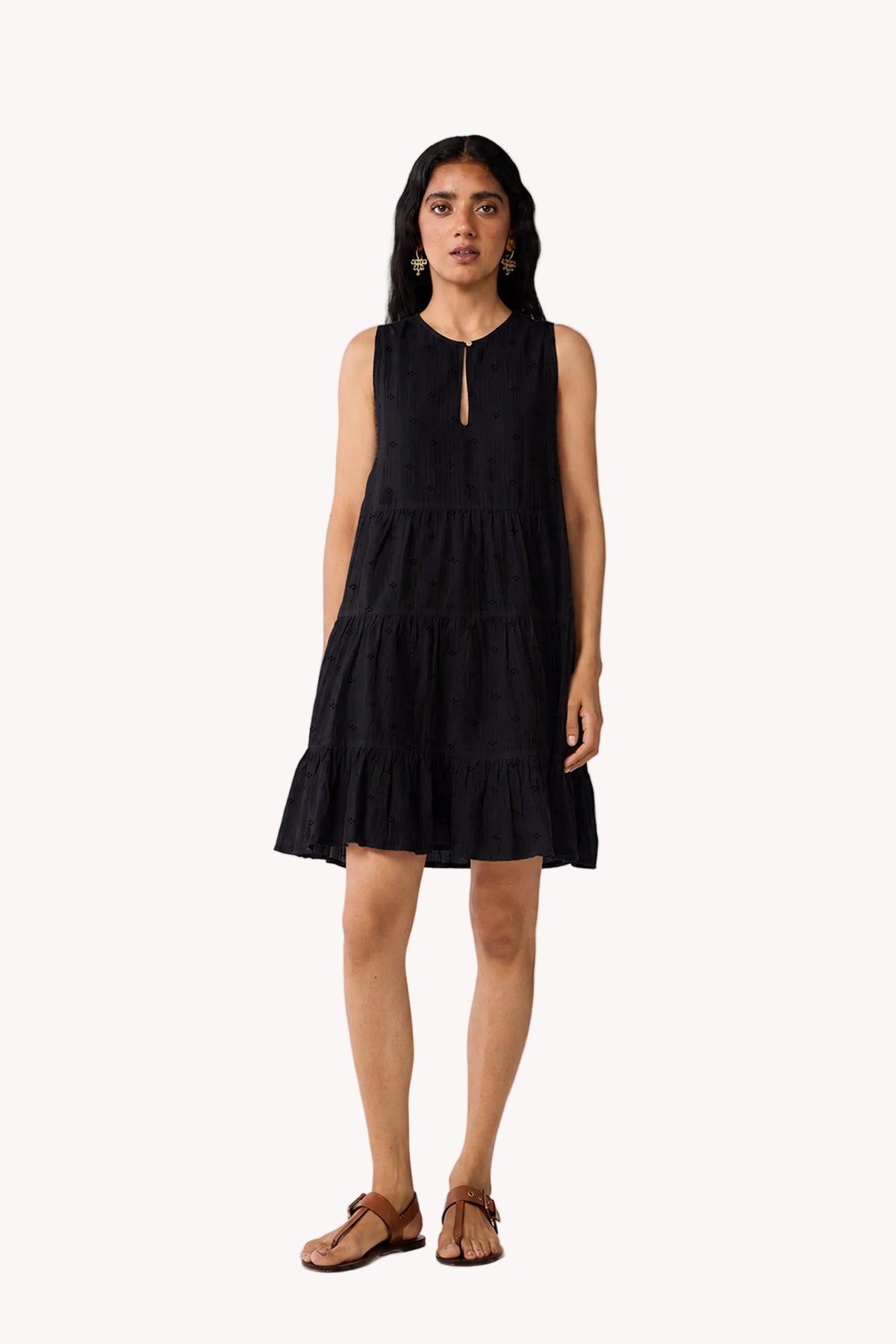 Embroidered Everyday Sleeveless Short Tiered Dress in Black