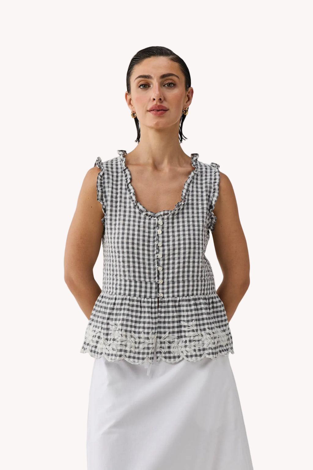 Embroidered Peplum Top in Grey Check