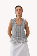 Embroidered Peplum Top in Grey Check