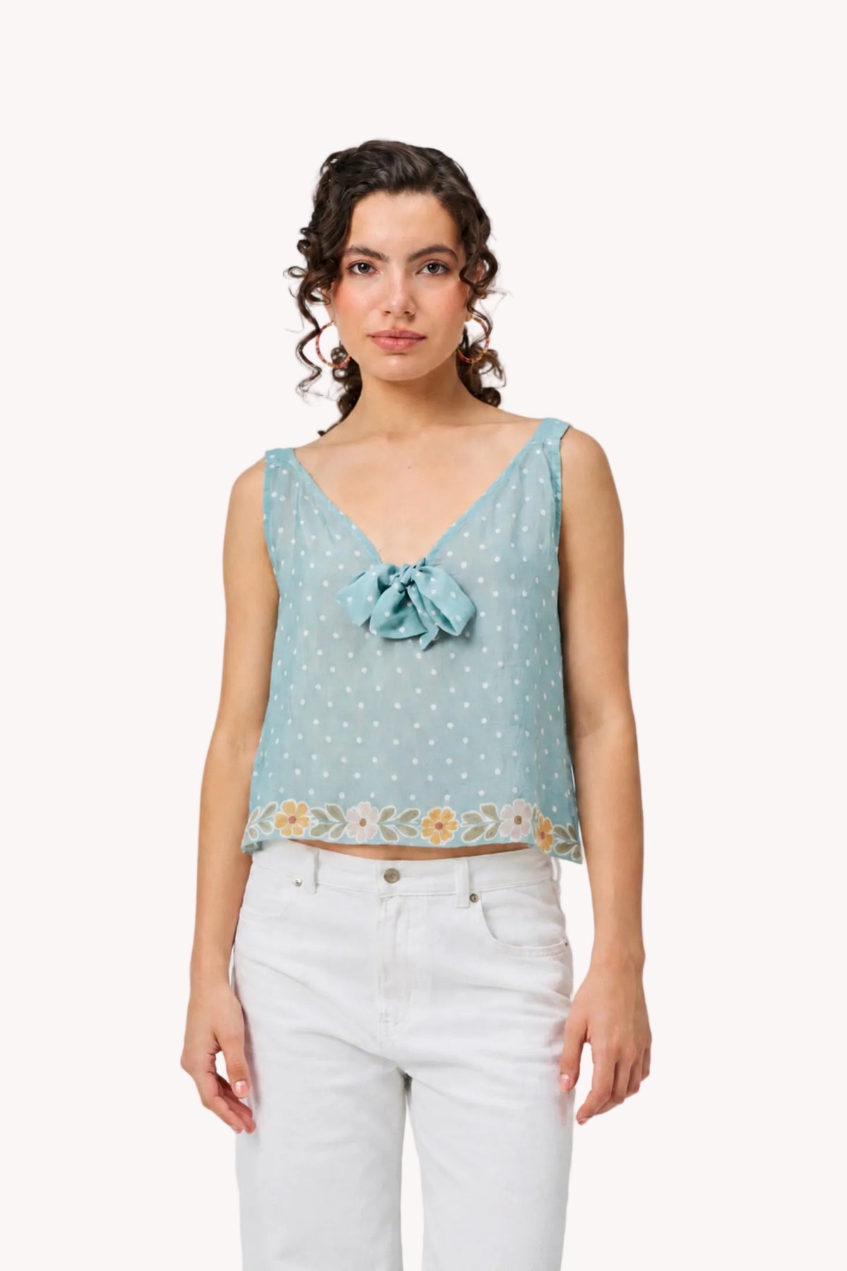 Deep V-Neck Polka Dot Top with Bow Detail