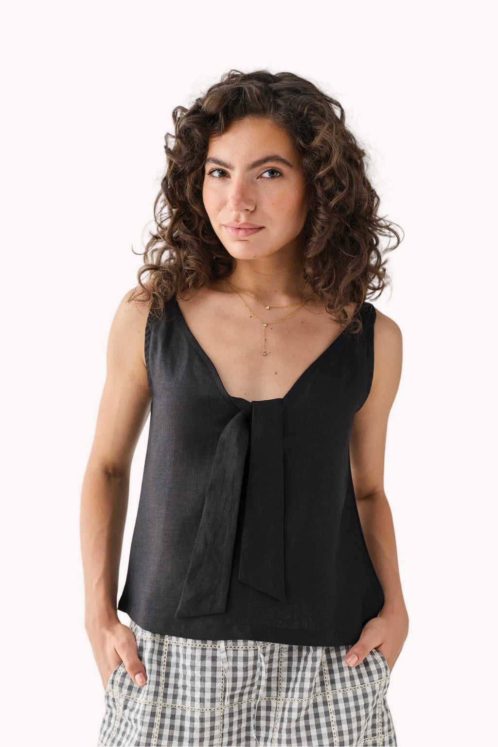 Hemp Front Tie Cami Top in Black