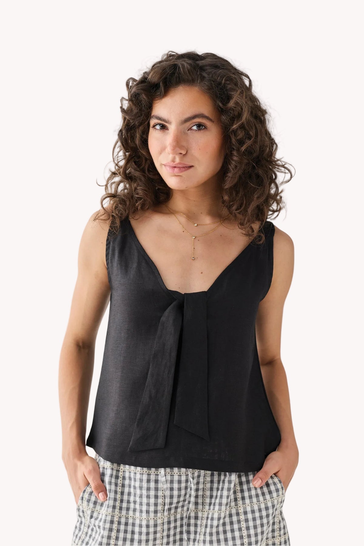 Hemp Front Tie Cami Top in Black