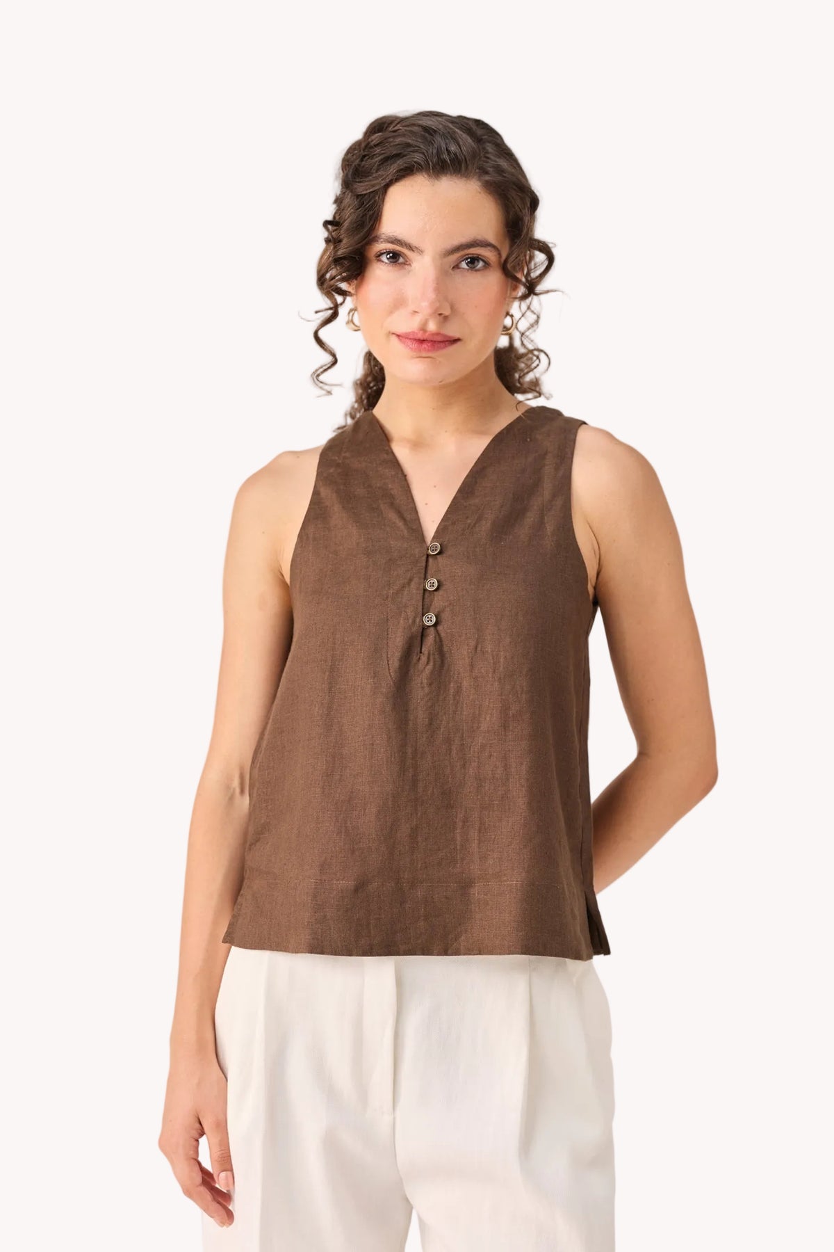 The Button Neck Top in Brown