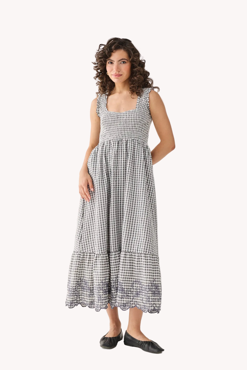 The Smocked Maxi Dress in Grey Check